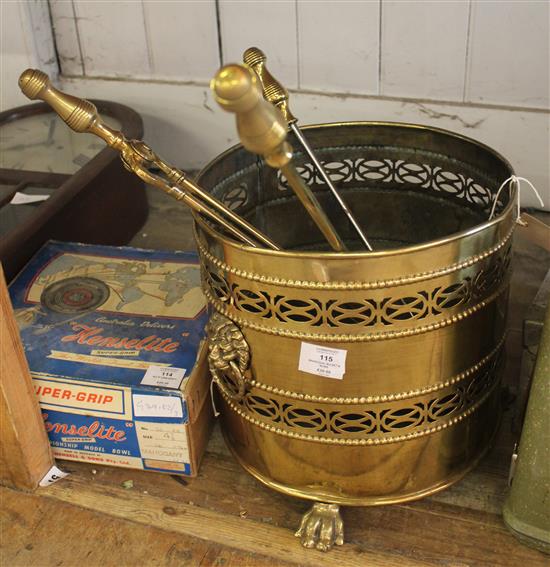 Brass coal bucket & irons